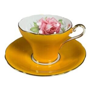 Vintage AYNSELY Bright Yellow Tea Cup & Saucer Set Large Cabbage Rose Gold Trim